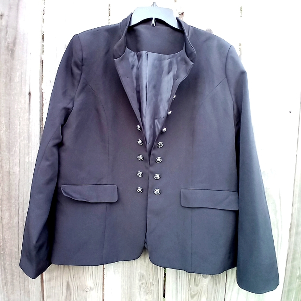 Military Style Blazer 2XL Black Open with One Buckle Closure Stand Collar Lined
